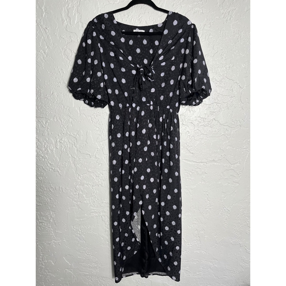 Delfi Collective Black‎ Polka Dot Puff Sleeve Tie Front Midi Dress Womens Size M